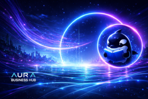 Futuristic cityscape with reading orca