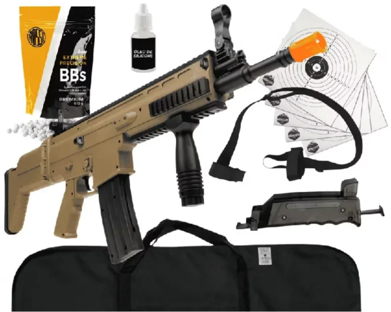 Confira Rifle SCAR L Tan Rossi 288 FPS - Kit Completo p/ Transporte, Recarga e Treino, Spring 6mm com 26% de desconto! Somente R$522,23. Encontre na Shopee agora!